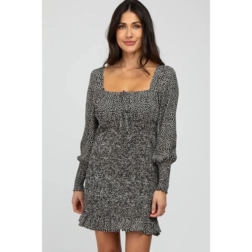 Women's She + Sky Leaf Long Sleeve Dress Fall Medium Boho Square Neck Midi NEW N